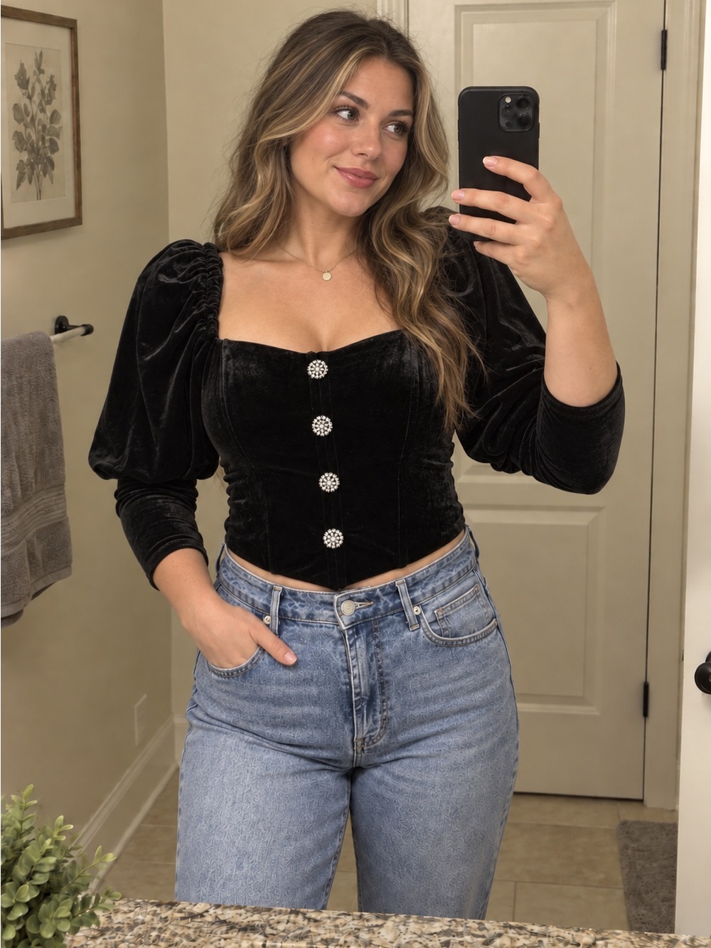 Do+Be Black Velvet Puff-Sleeve Corset crop Top with Decorative Buttons medium